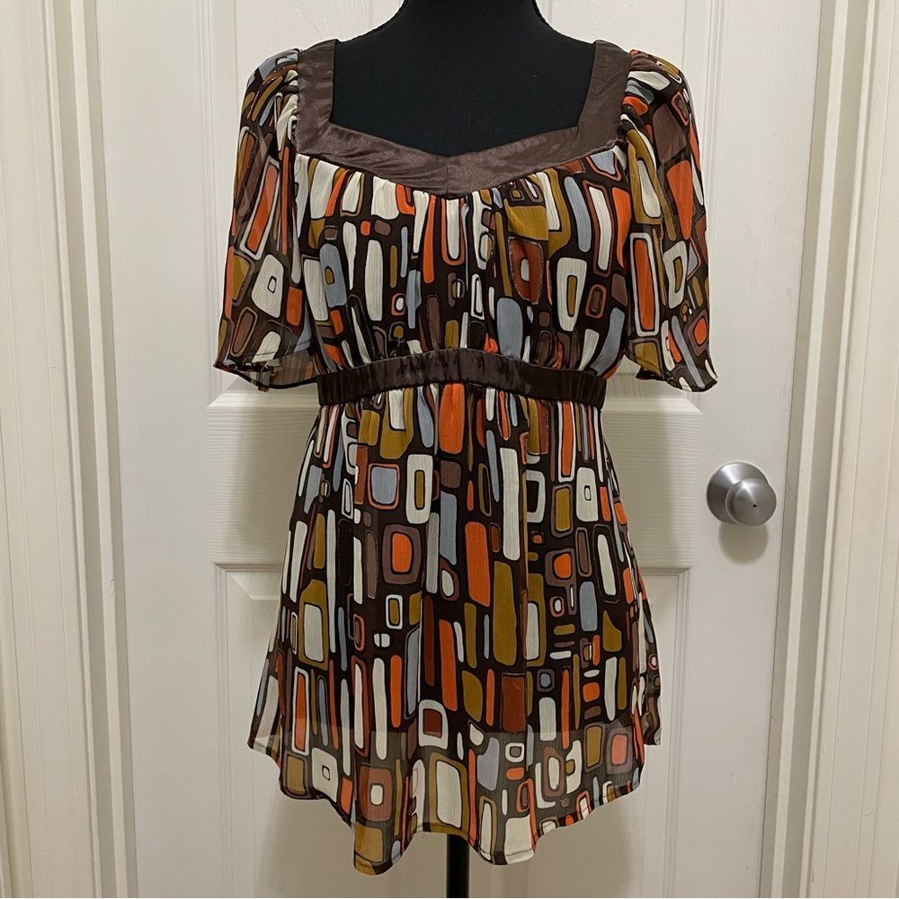 Vintage Studio 1940 Retro Print Sheer Blouse Brown Orange Women's Size Large Y2K